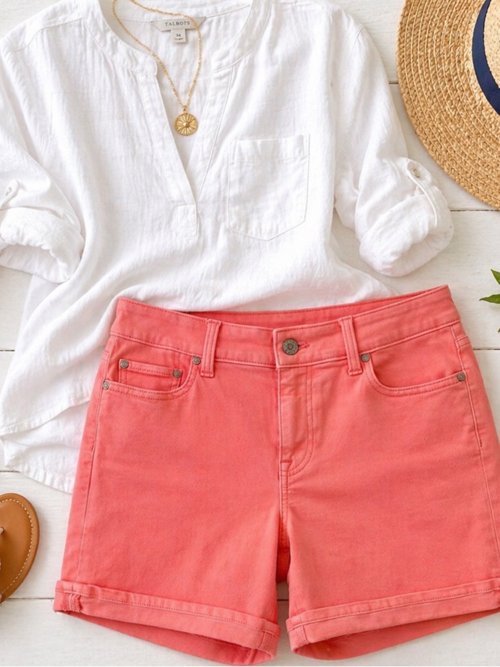 Talbots Girlfriend Denim Shorts Pink Coral Garment Dye Rolled Cuff Women’s 6”